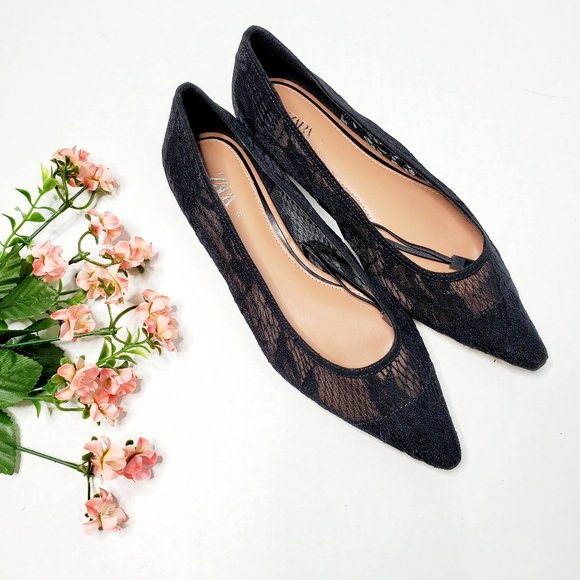 NWT Zara Size 5 Black Lace Pointy Ballerina Flats - Picture 3 of 5
